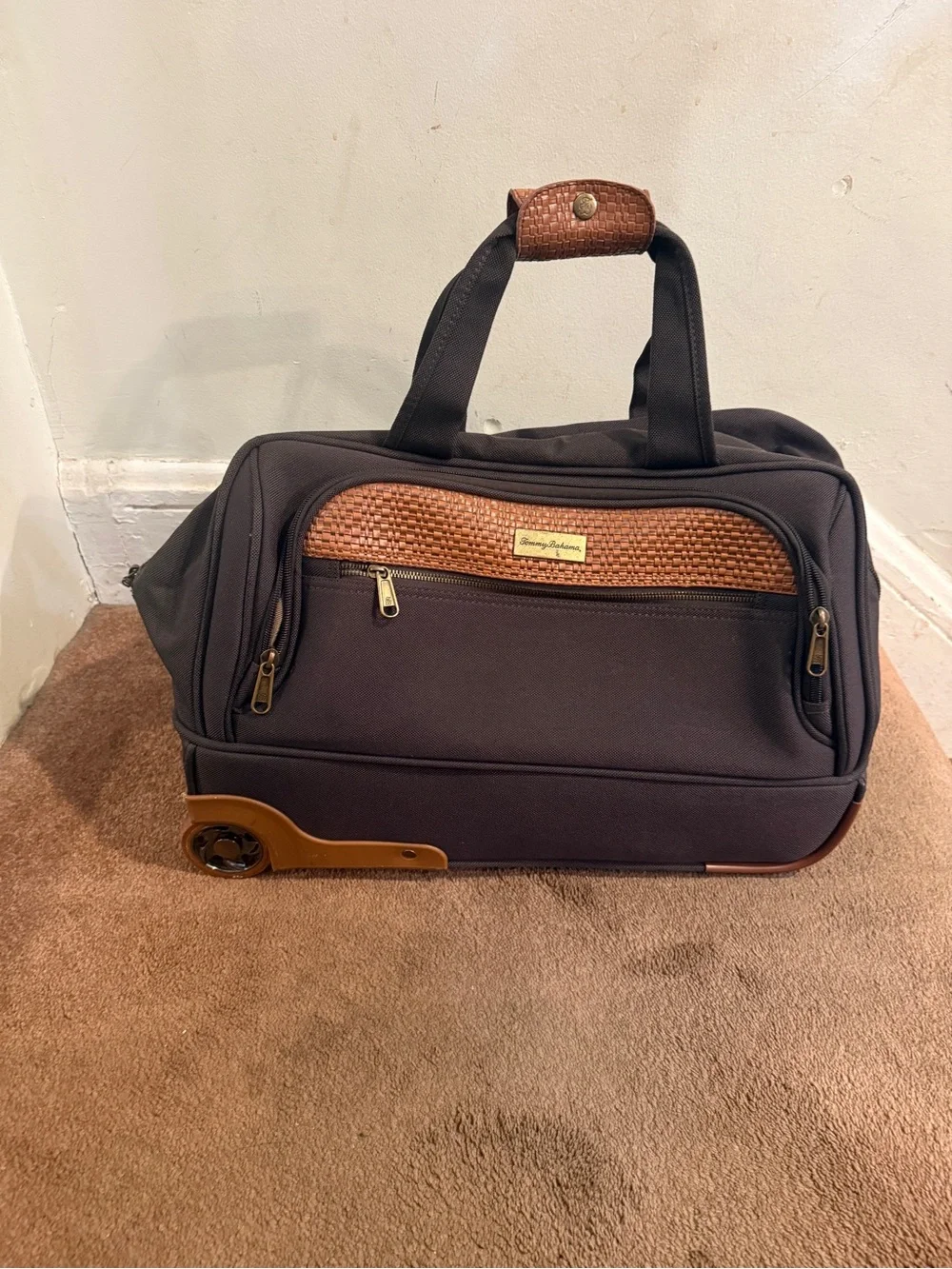 Tommy Bahama Dark Brown and Tan Rolling Travel Duffel